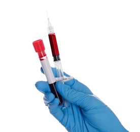 Nurse holding syringe and sample tube with blood on white background, closeup