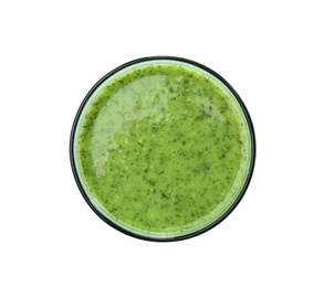 Photo of Glass with delicious detox smoothie on white background, top view