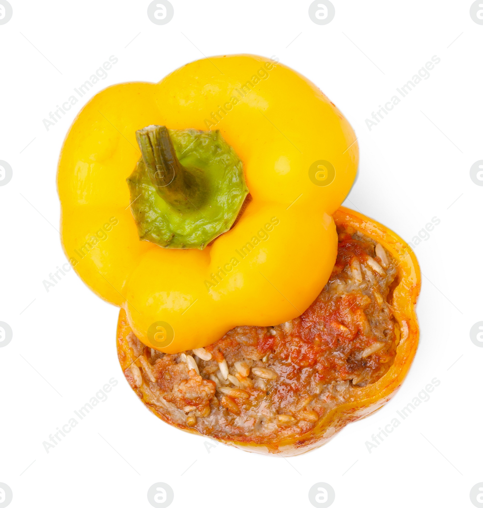 Photo of Delicious stuffed bell pepper isolated on white, top view