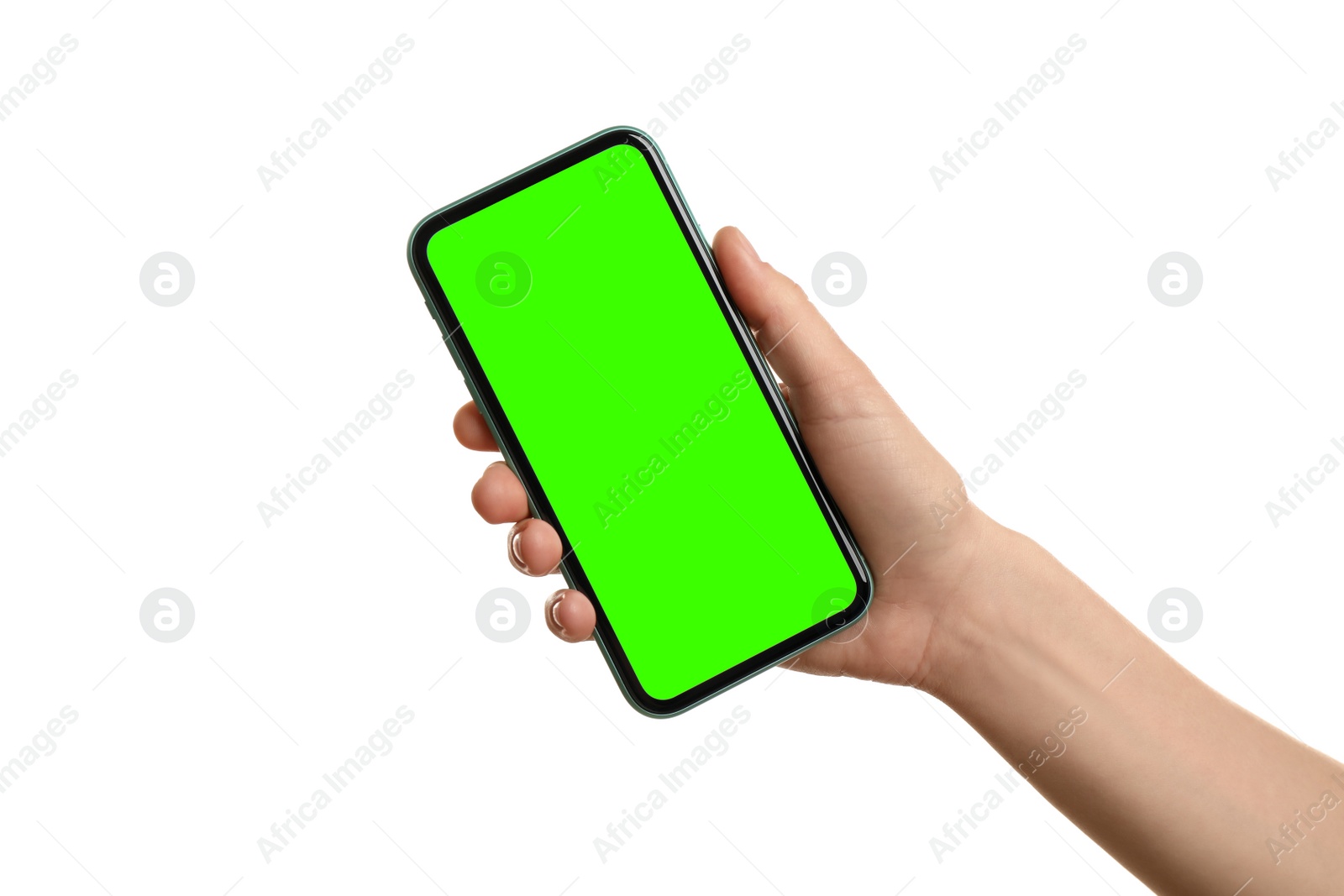 Image of Young woman holding smartphone with green screen on white background, closeup. Mockup for design