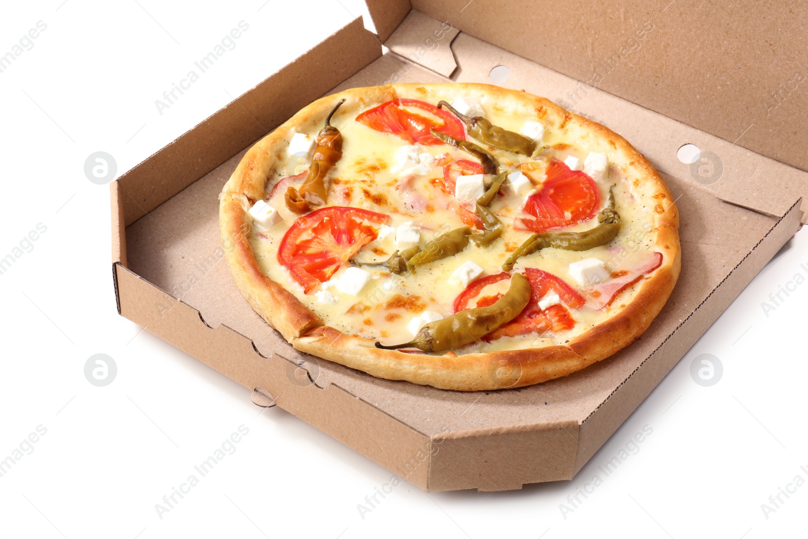 Photo of Open cardboard box with delicious pizza on white background. Food delivery