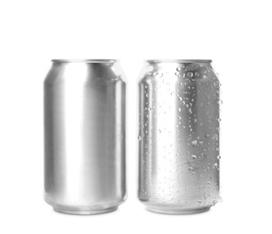 Aluminium cans of beverage on white background