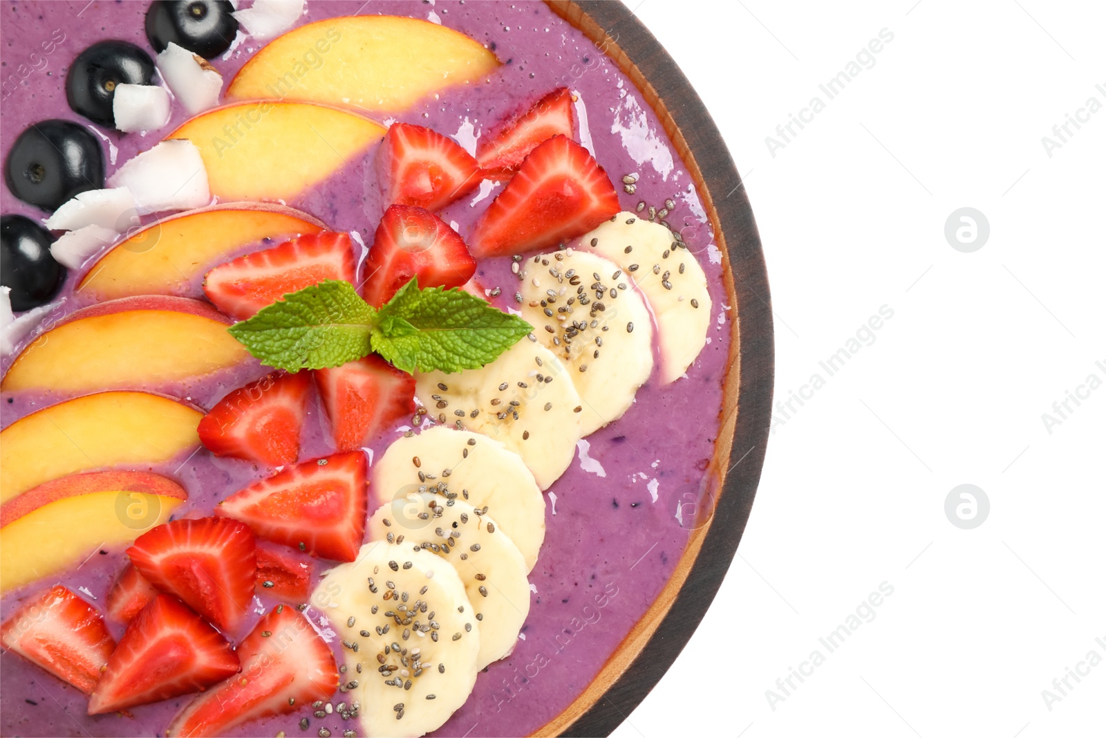 Photo of Healthy breakfast with delicious acai smoothie and fruits in bowl on white background, top view