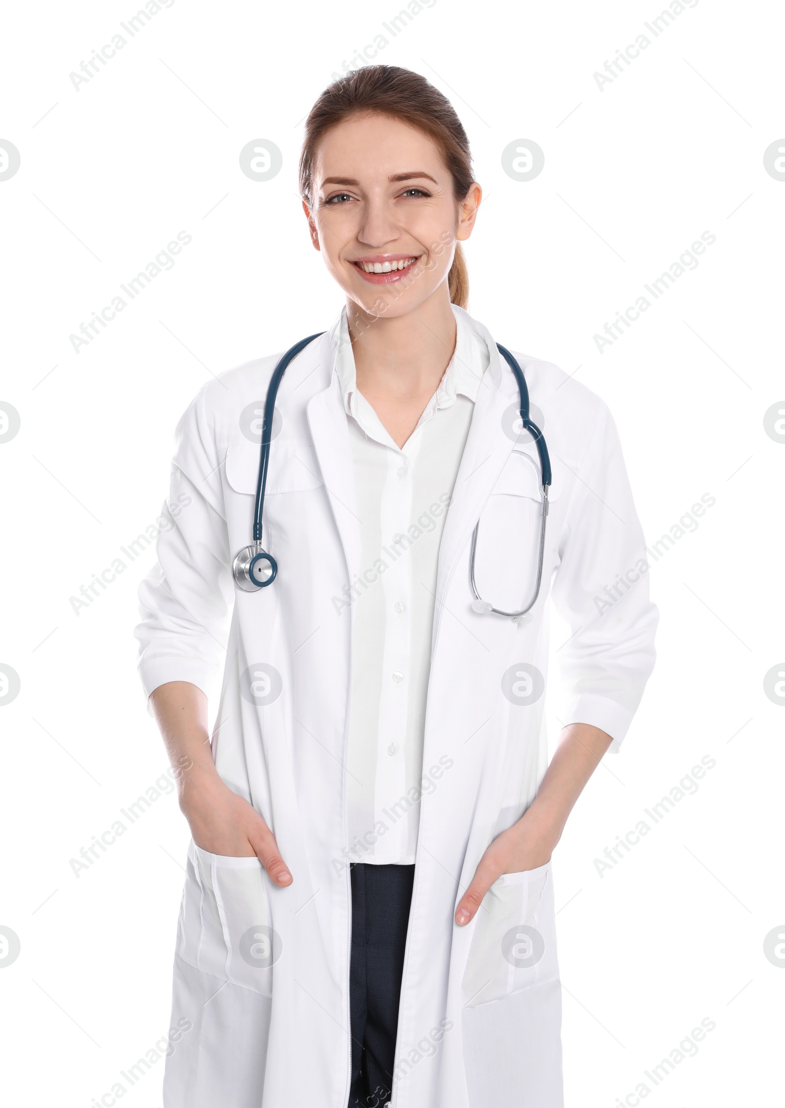 Photo of Portrait of medical doctor with stethoscope isolated on white