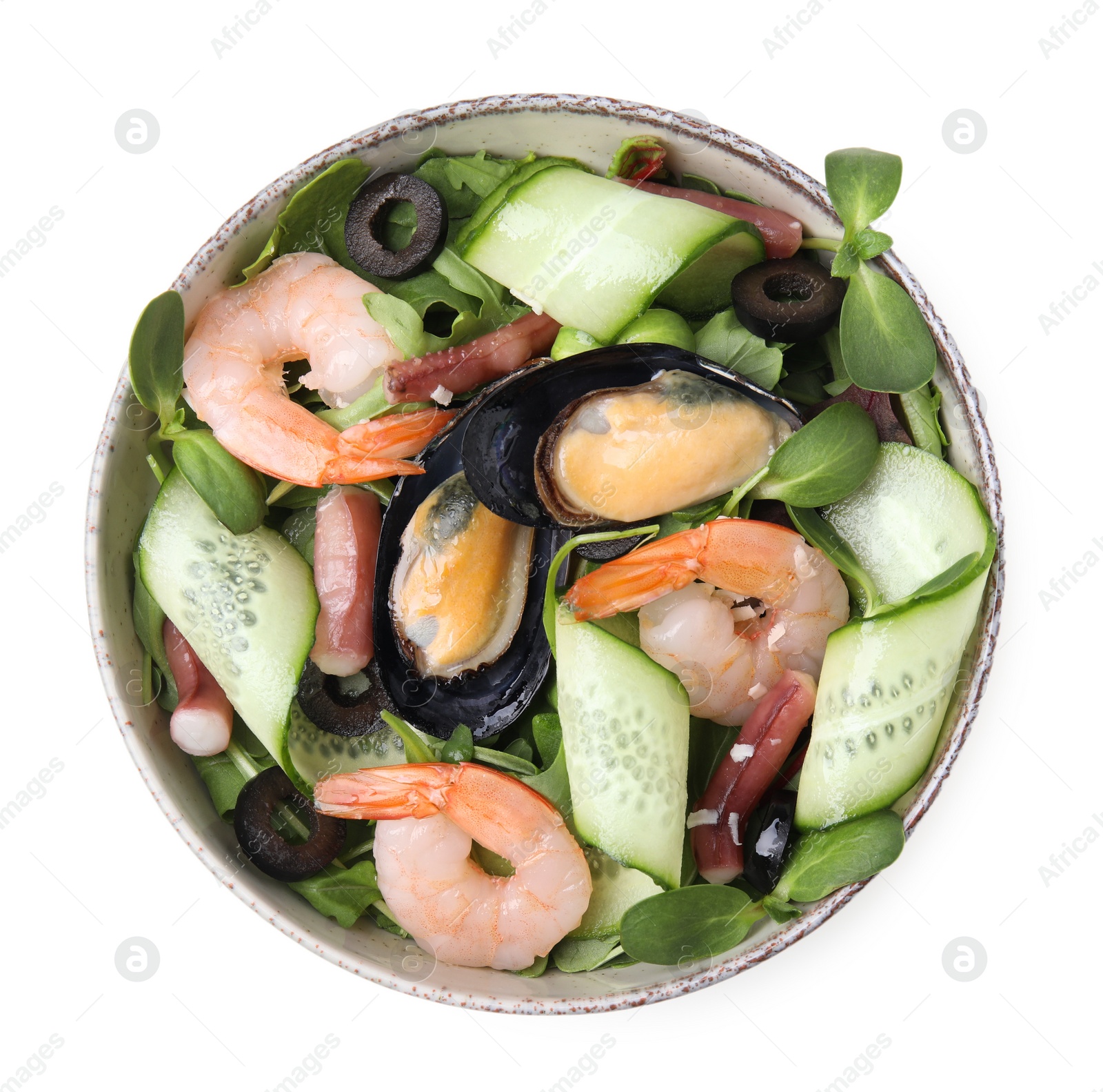 Photo of Bowl of delicious salad with seafood isolated on white, top view