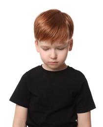 Photo of Upset boy on white background. Children's bullying