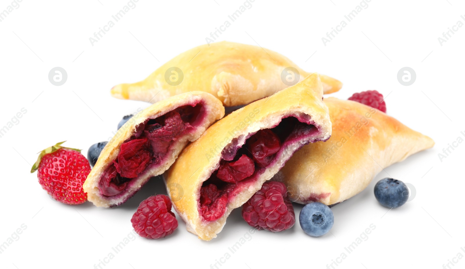 Photo of Tasty samosas and berries isolated on white