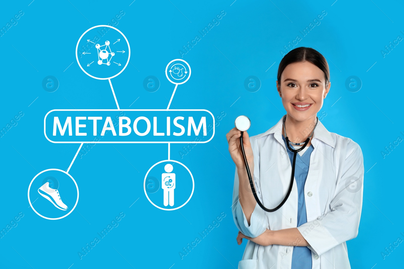 Image of Metabolism concept. Doctor with stethoscope on blue background