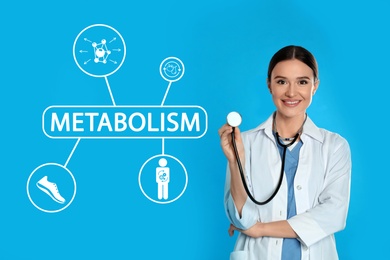 Metabolism concept. Doctor with stethoscope on blue background