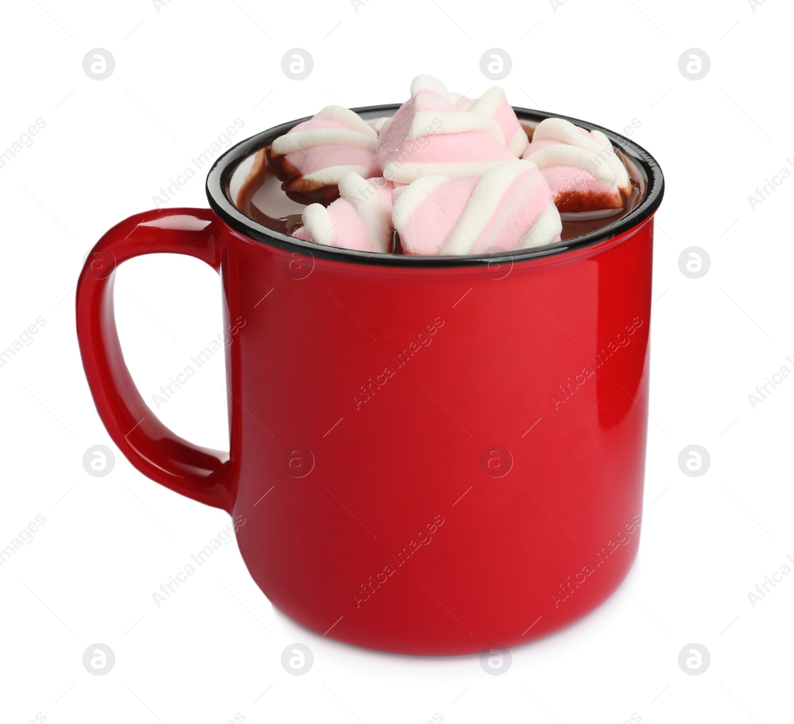 Photo of Cup of delicious hot chocolate with marshmallows isolated on white