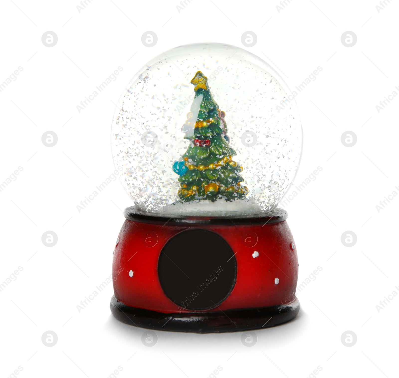Photo of Snow globe with Christmas tree isolated on white