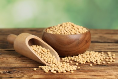 Photo of Natural organic soy beans on wooden table