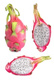 Image of Set with delicious exotic dragon fruits on white background
