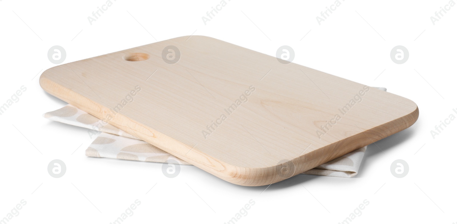 Photo of Wooden cutting board and kitchen towel on white background