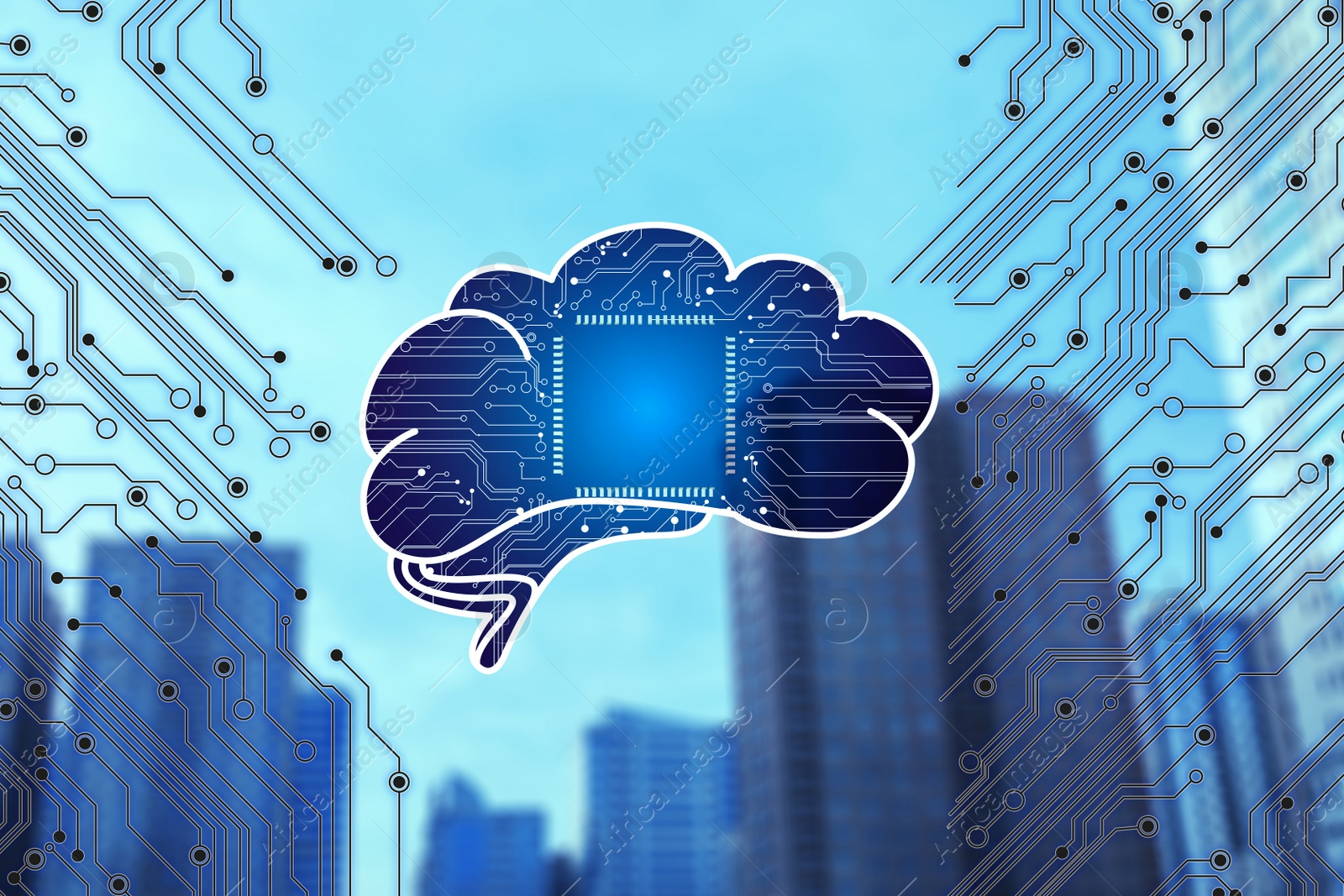 Image of Illustration of brain with circuit board pattern and cityscape on background.Machine learning concept 