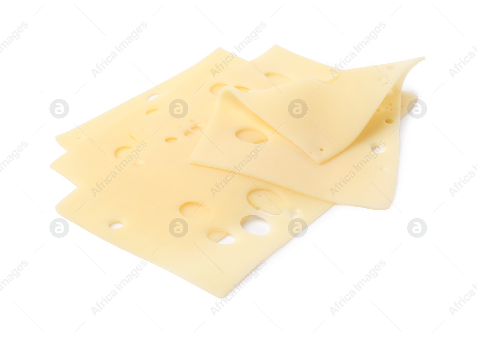 Photo of Slices of tasty fresh cheese isolated on white