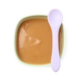 Tasty baby food in bowl and spoon isolated on white, top view