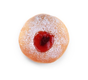 Hanukkah doughnut with jelly and sugar powder isolated on white, top view
