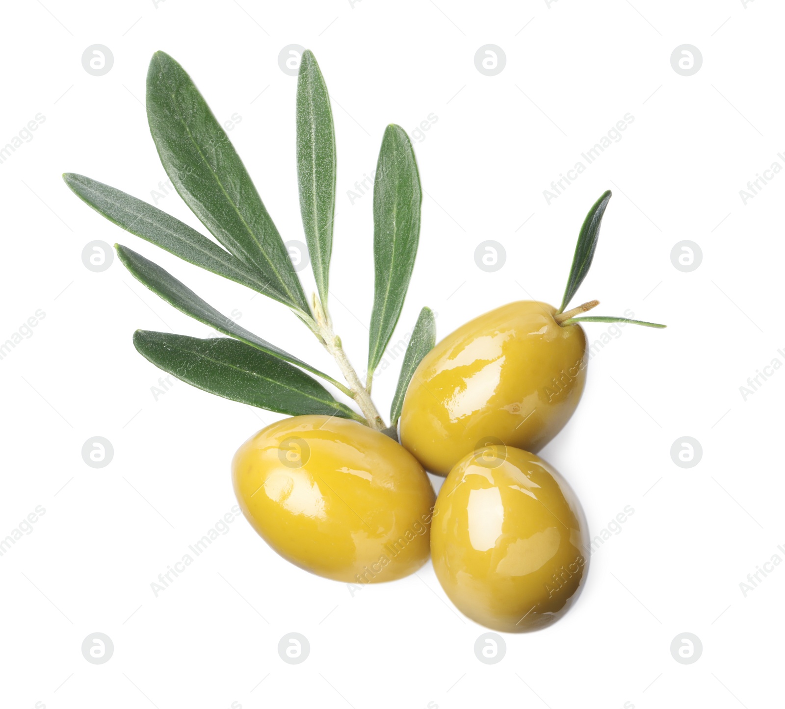 Photo of Olives with green leaves on white background, top view