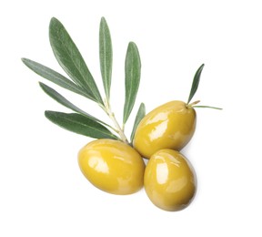 Photo of Olives with green leaves on white background, top view