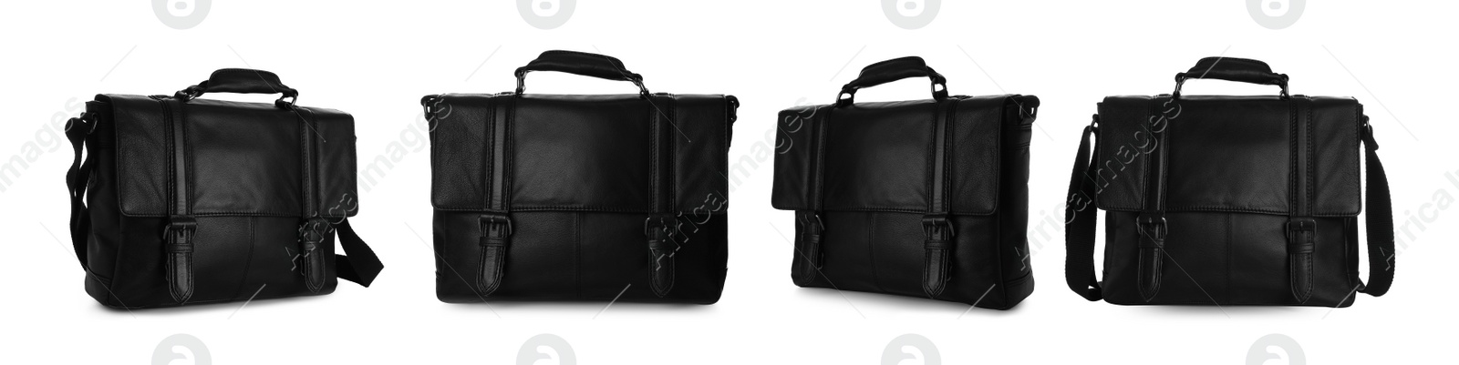 Image of Set of stylish black leather briefcases on white background. Banner design