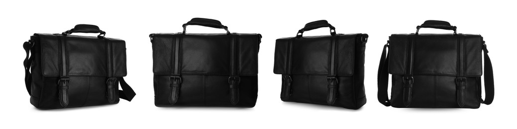 Image of Set of stylish black leather briefcases on white background. Banner design