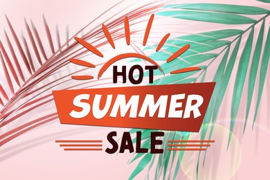 Image of Flyer design with colorful palm leaves and text Hot Summer Sale on pink background