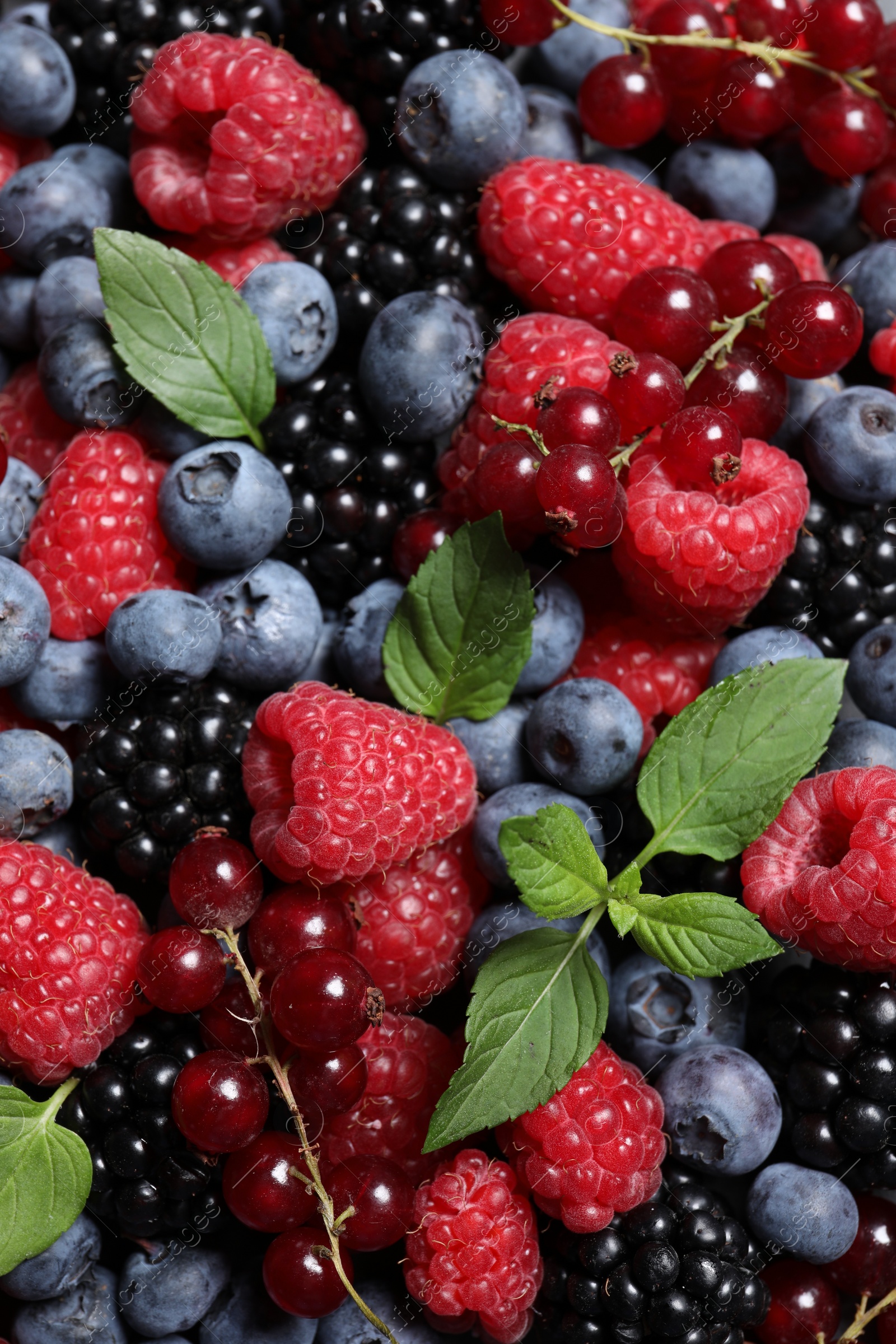 Photo of Assortment of fresh ripe berries with green leaves as background, top view