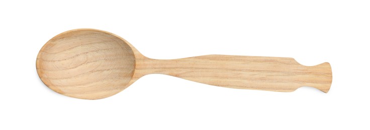 Wooden spoon isolated on white, top view. Cooking utensil