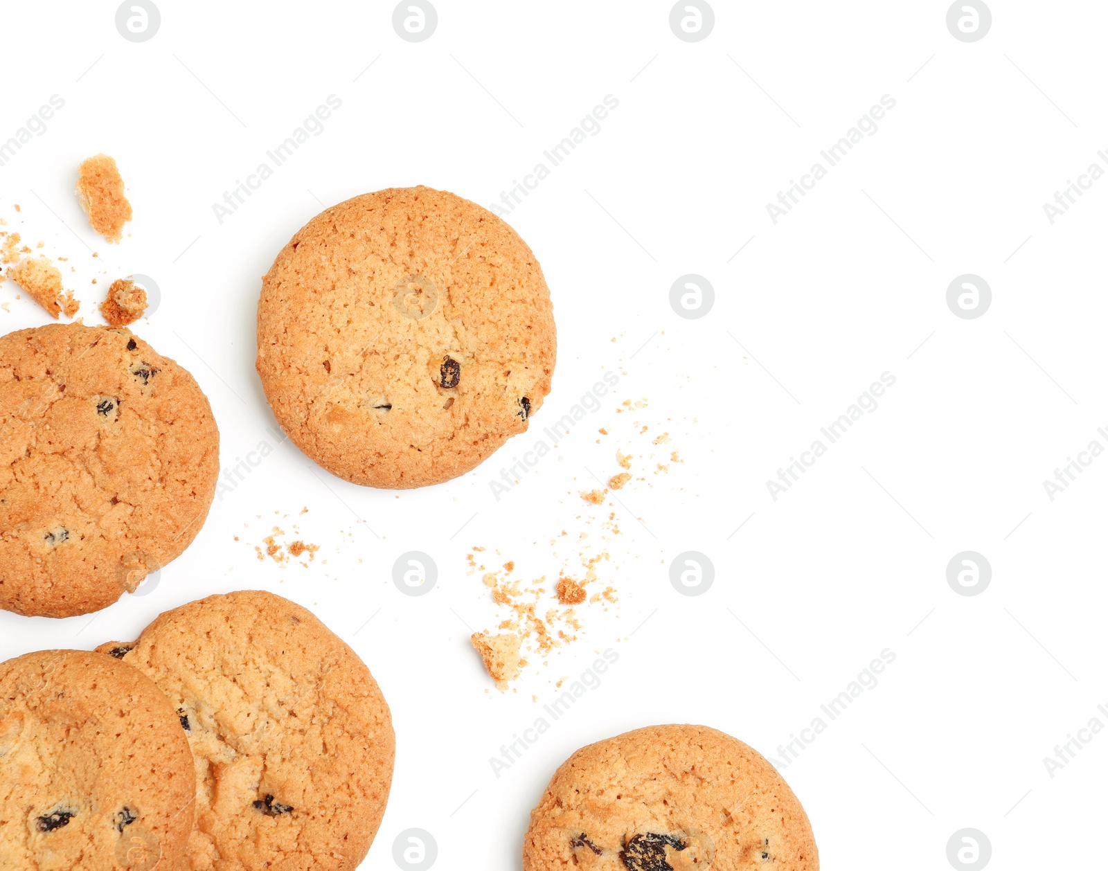 Photo of Tasty homemade cookies with raisins on white background, top view