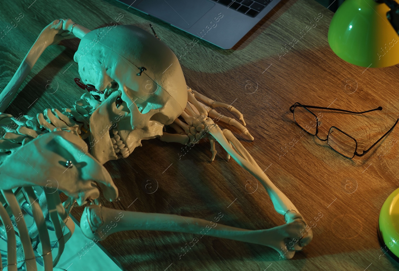 Photo of Waiting concept. Human skeleton sleeping at wooden table with laptop