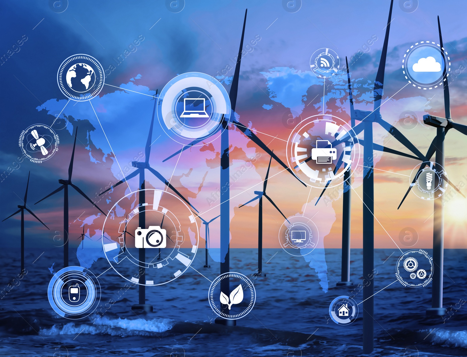 Image of Alternative energy source. Floating wind turbines in sea, world map illustration and scheme