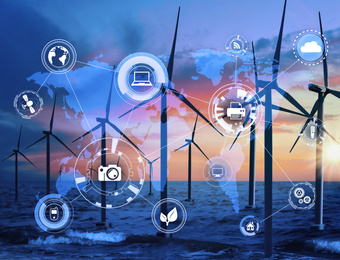 Image of Alternative energy source. Floating wind turbines in sea, world map illustration and scheme