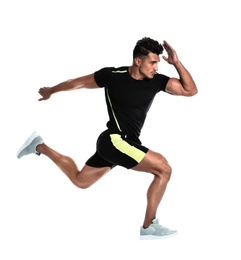 Photo of Sporty young man running on white background