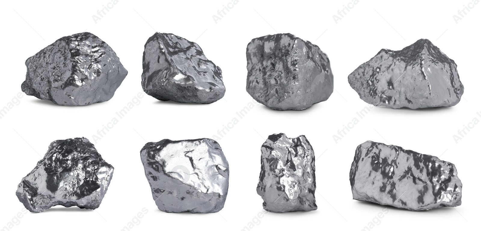 Image of Set of silver nuggets on white background