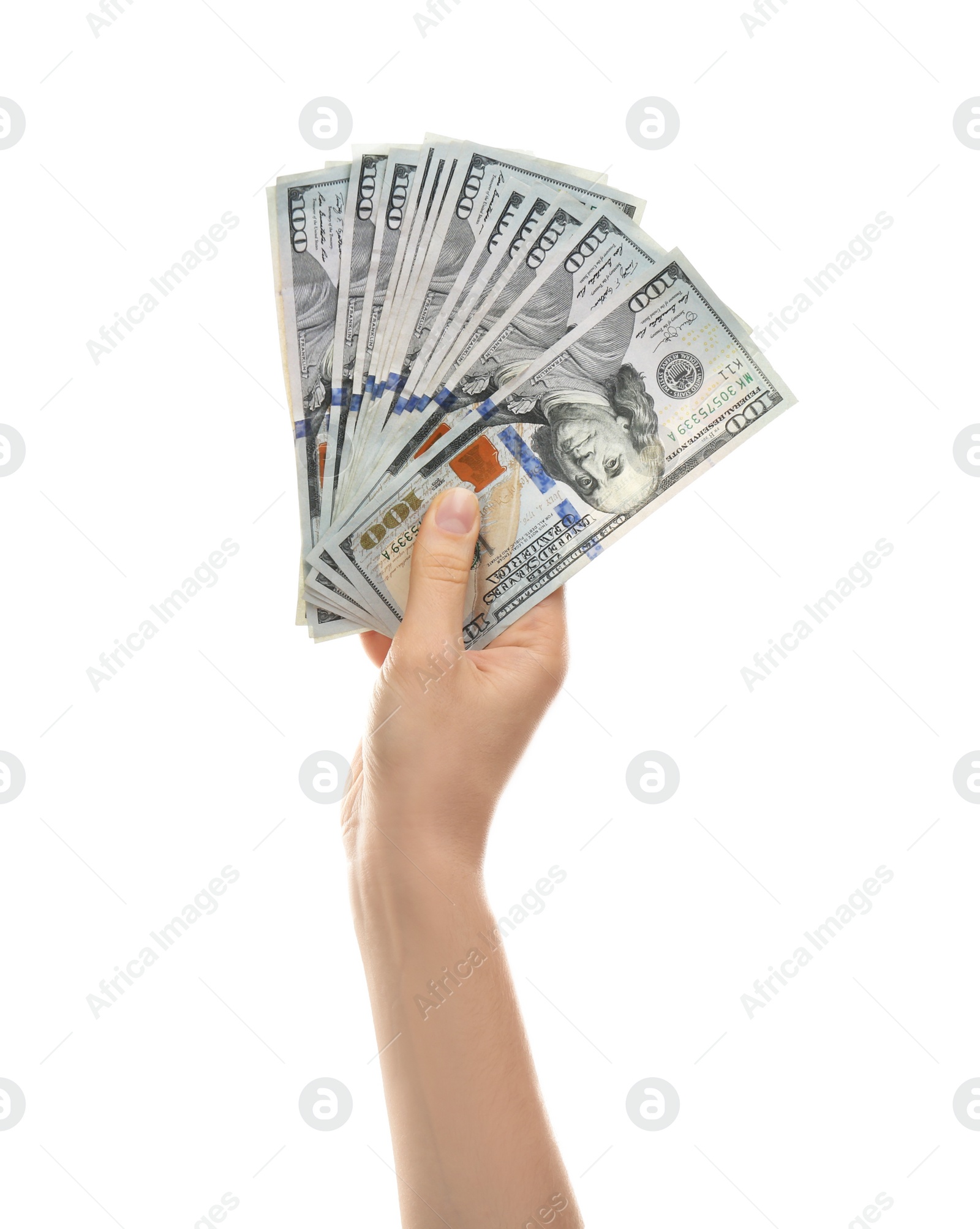 Photo of Woman with money on white background, closeup