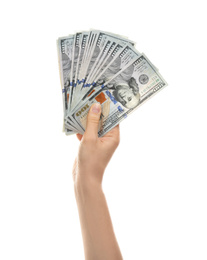 Woman with money on white background, closeup