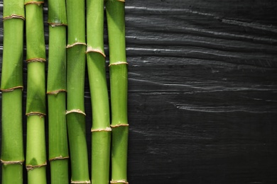 Green bamboo stems and space for text on wooden background, top view