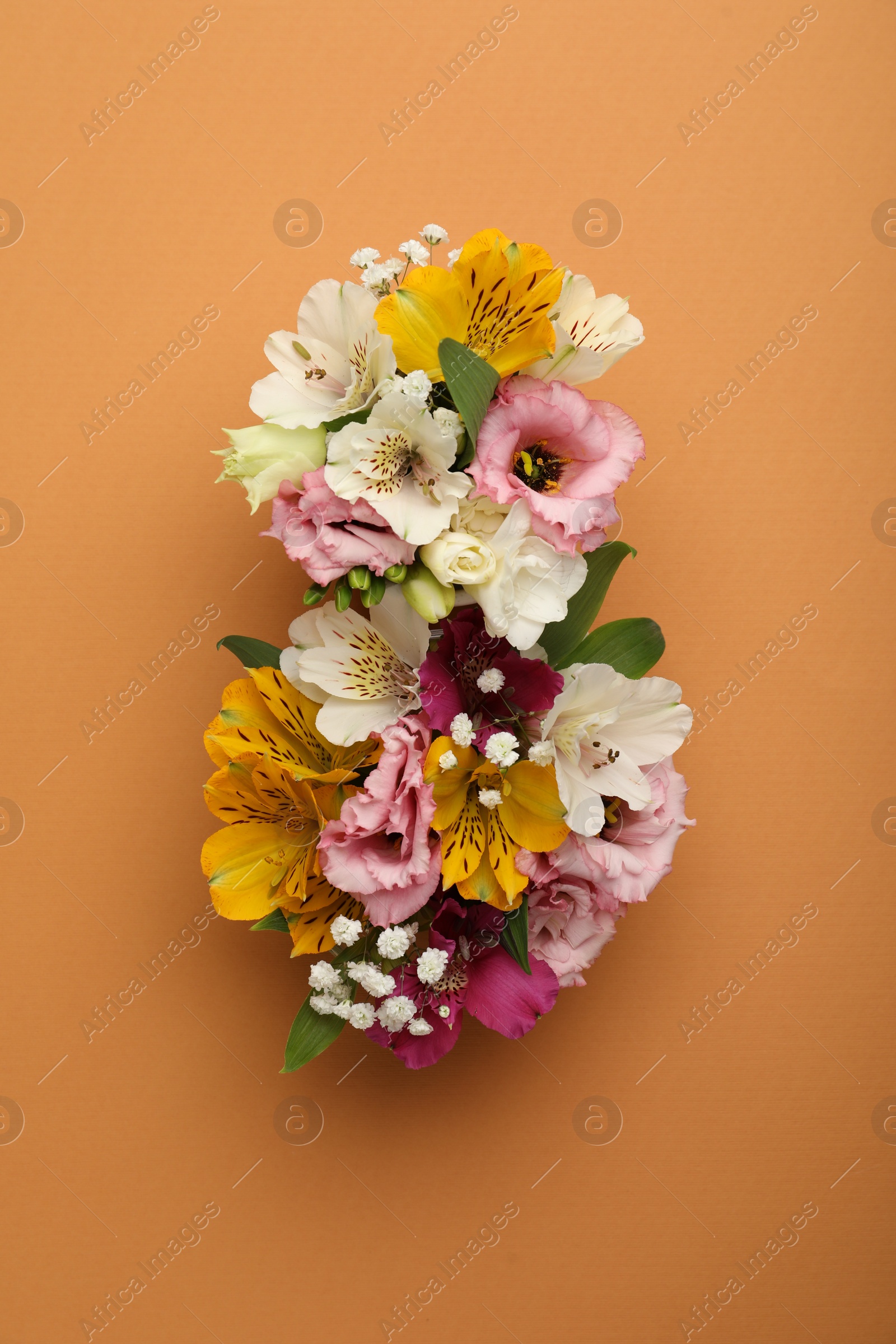 Photo of Number 8 made of beautiful flowers on orange background, flat lay. International Women's day