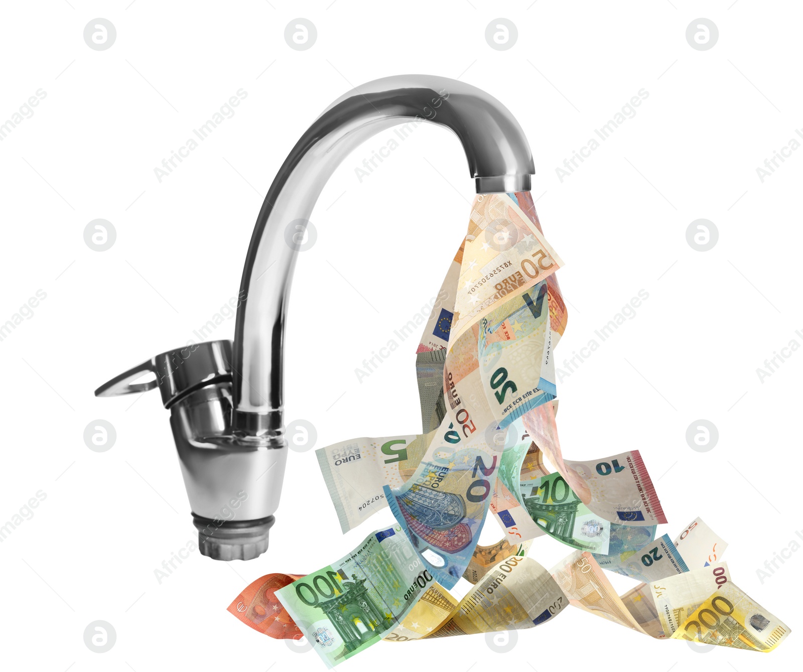 Image of Faucet and euro banknotes on white background