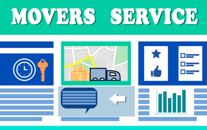 Image of Movers service. Illustration of truck, map and different icons 