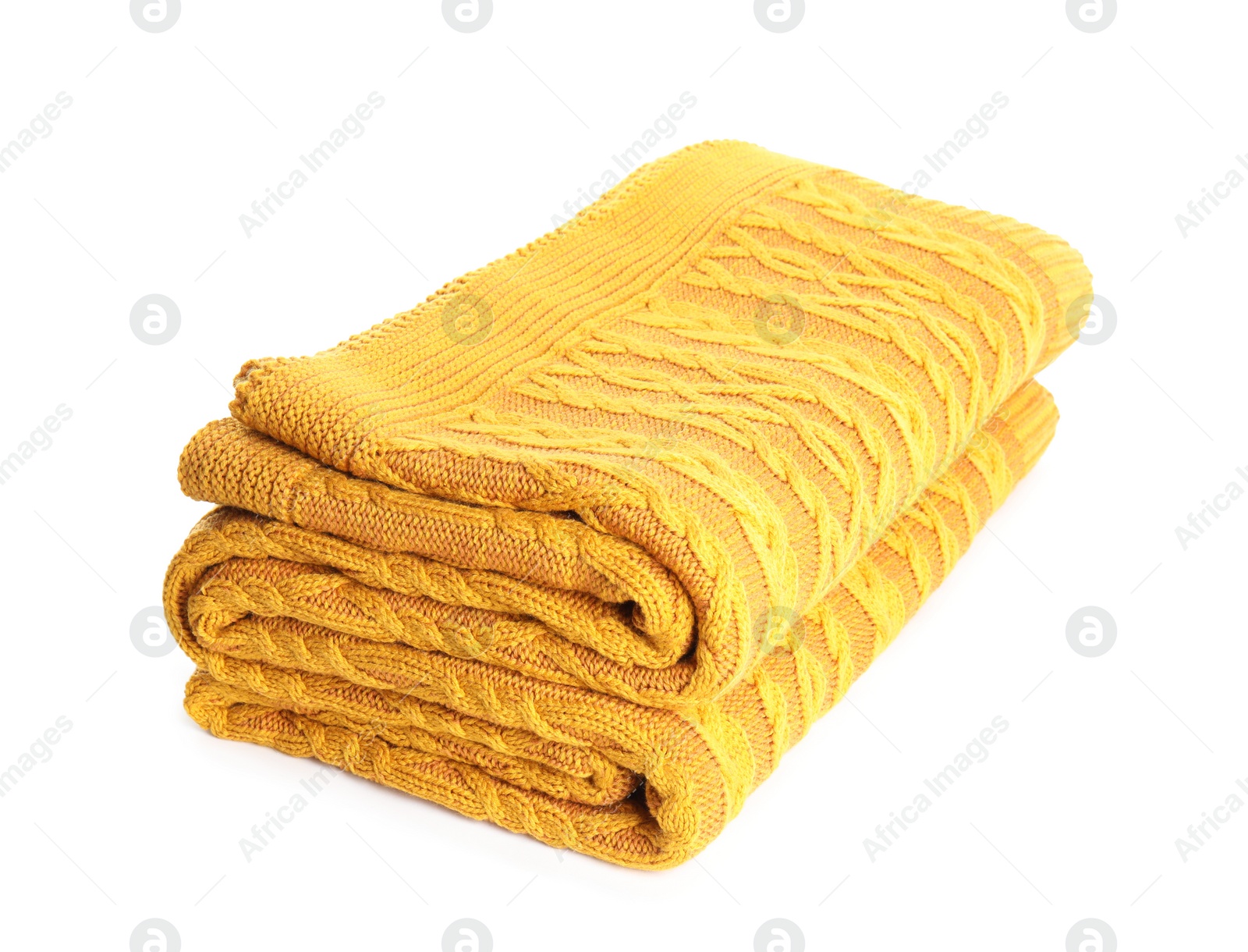 Photo of Stylish yellow knitted plaid on white background