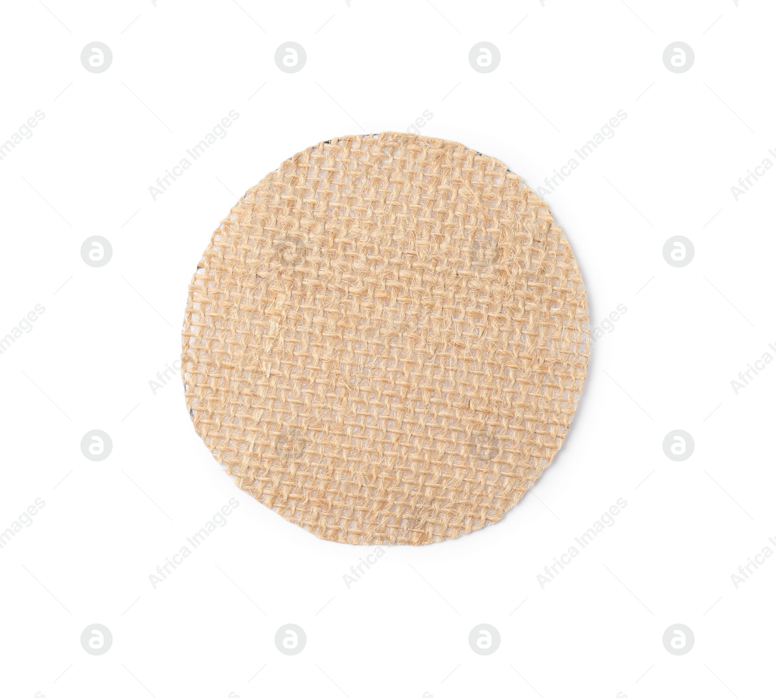 Photo of Circle made of burlap fabric isolated on white, top view