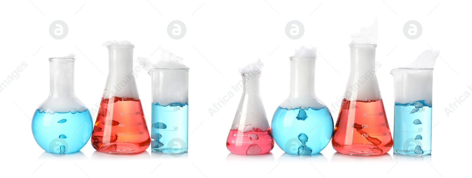 Image of Set of laboratory flasks and beakers with colorful liquids on white background. Chemical reaction