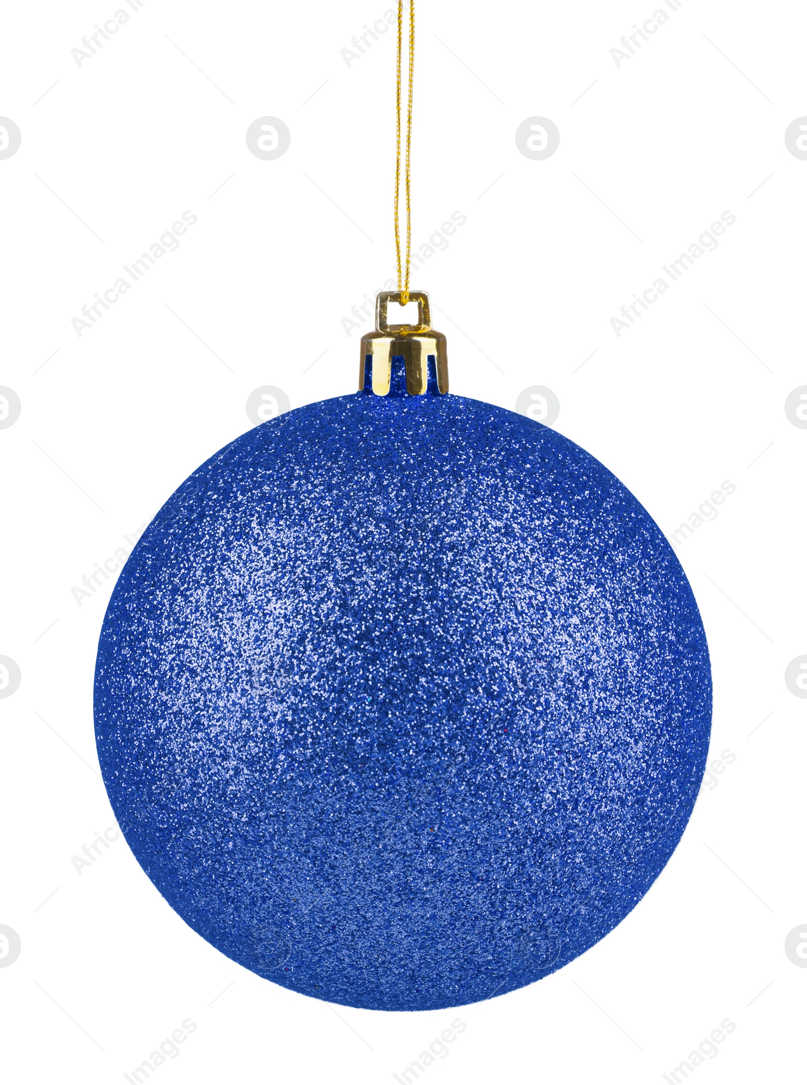 Image of Blue Christmas ball hanging on white background