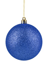 Blue Christmas ball hanging on white background