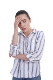 Photo of Upset woman in shirt on white background