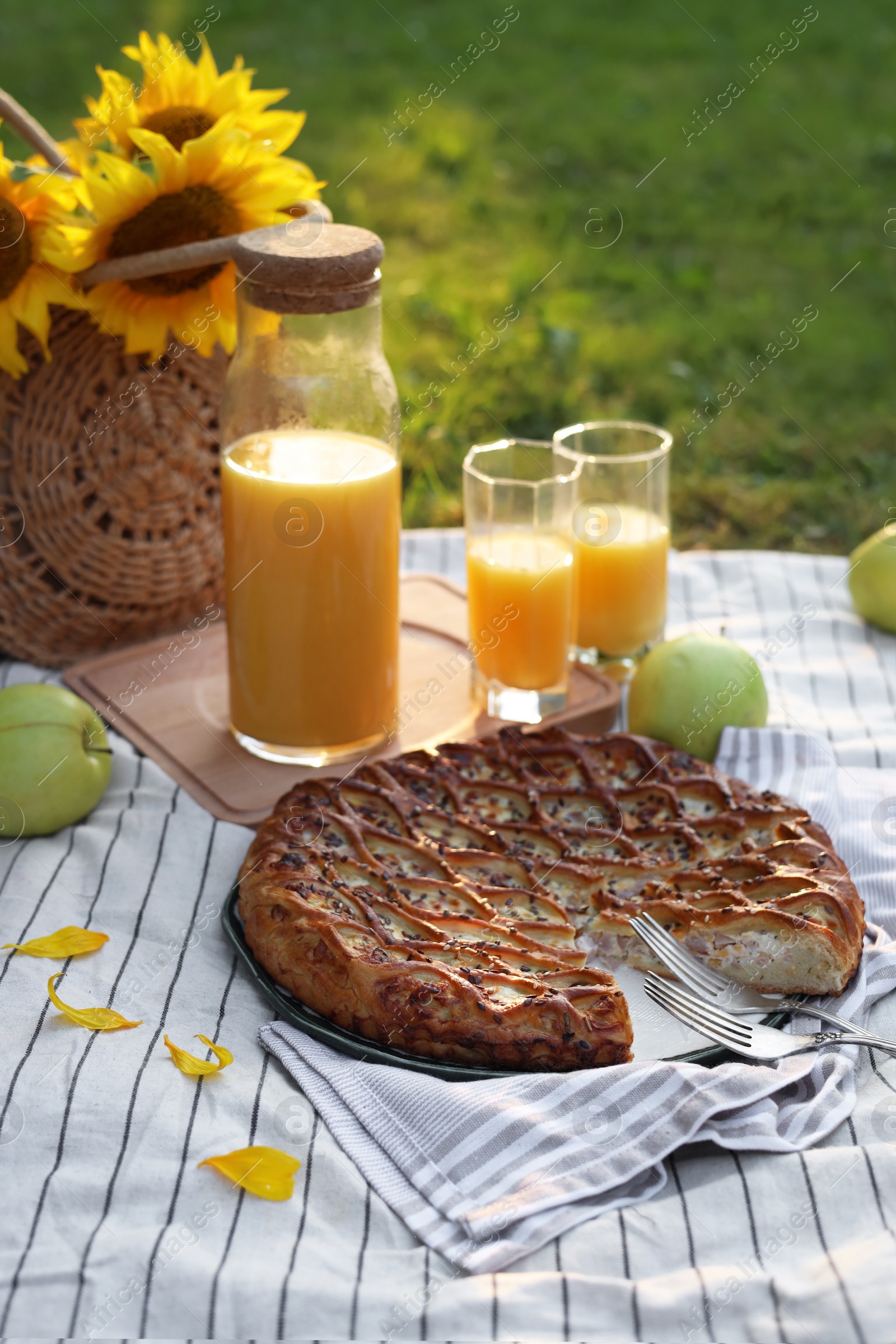 Photo of Picnic with delicious pie, apples and juice on blanket in garden