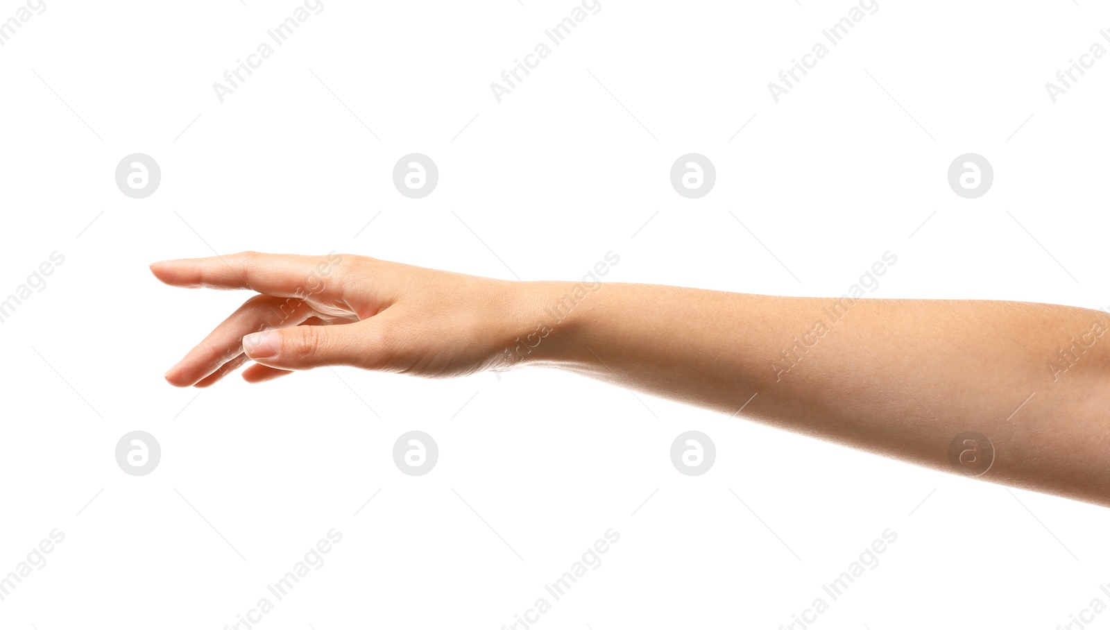 Photo of Young woman holding her hand on white background, closeup