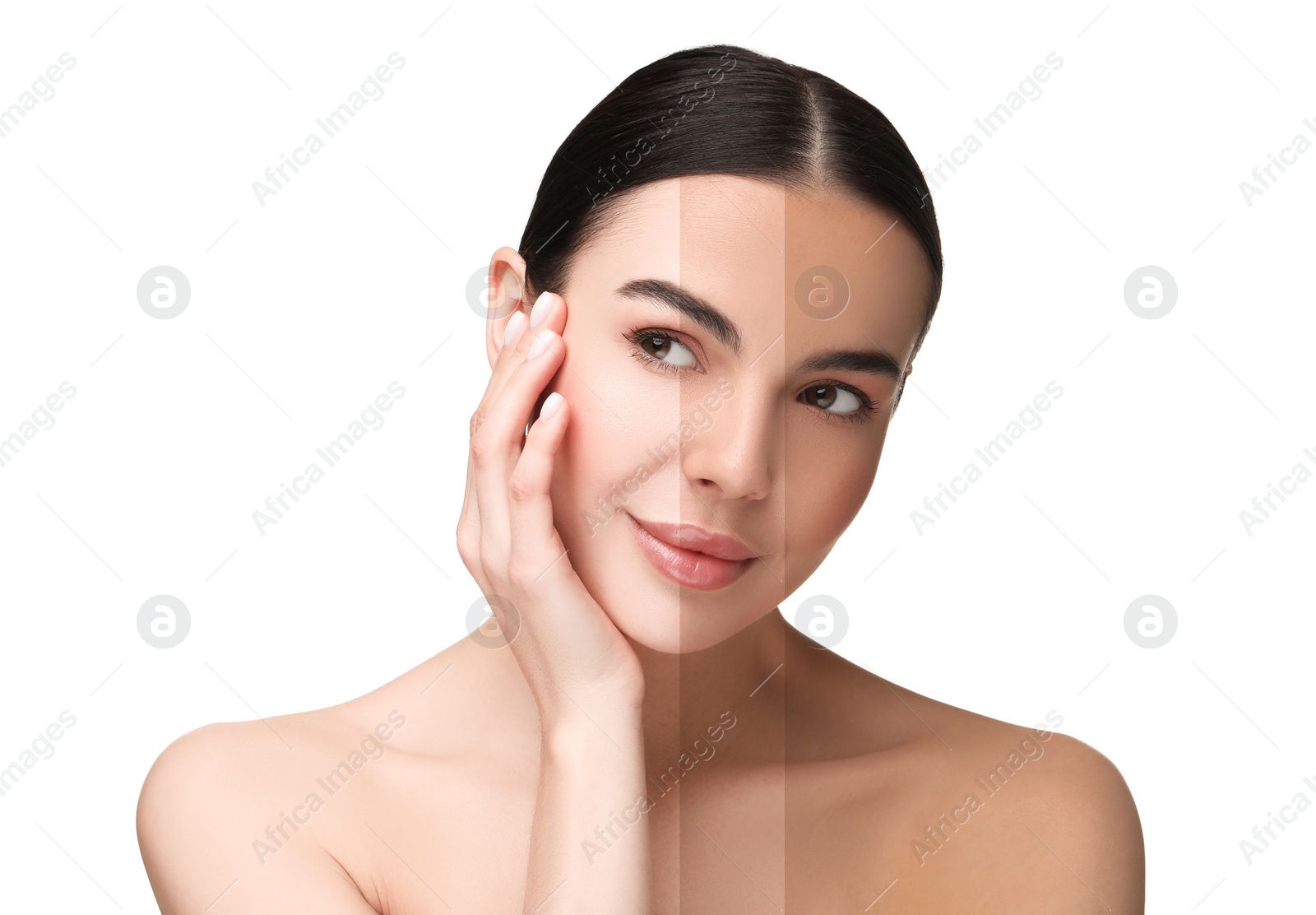 Image of Solarium tan. Combined portrait of woman with different skin tones on white background